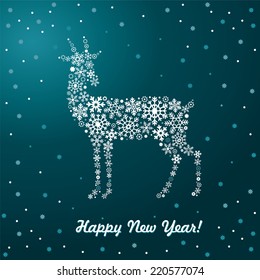 Goat made of snowflakes on dark blue background. Vector goat greeting card. Happy New Year. 