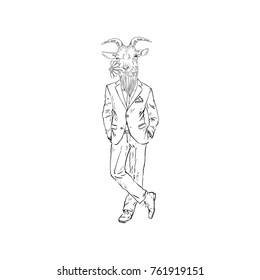 goat man dressed up in suit with flower, romantic character
