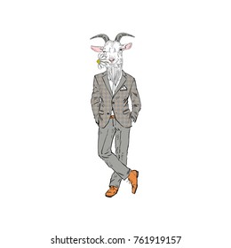 goat man dressed up in suit with flower, romantic character
