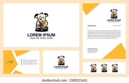 Goat mascot business card and letterhead design vector holding lamp