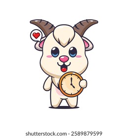 goat mascot cartoon character vector illustration with clock. 
Design element for poster, brochure, web, mascot, sticker, logo and icon.