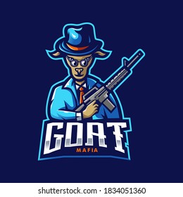Goat mascot logo design vector with modern illustration concept style for badge, emblem and t-shirt printing. Mafia goats wear glasses and carry weapons for gaming