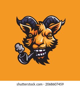 Goat mascot logo design vector illustration. Editable strokes. Orange background.