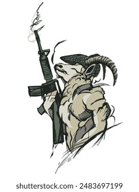 Goat mascot logo design vector. Goat shouldered a weapon.
