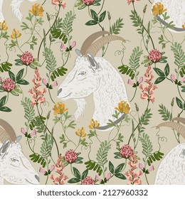 Goat and meadow flowers seamless vector pattern. Surface design for fabric, wallpaper, wrapping paper, invitation card. Light beige, cream, ivory colors. Delicate farm animal. Repeatable tile. 