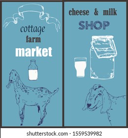 Goat, goat milk bottle, organic farm cheese and vintage banner set vector sketch illustration. Hand drawn engraving for milk farm milky products.