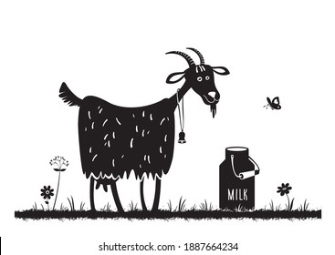 Goat and milk can. Farm animal. Pasture. Milk. Black silhouettes on white background. Vector illustration. 