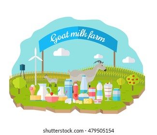 Goat milk farm concept vector flat design. Organic farming, traditional products. Set of dairy products in different glass, plastic, paper packing, animals, wind turbine, field, garden, banner behind
