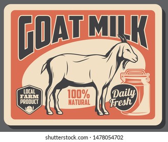 Goat milk farm dairy product vintage retro poster. Vector 100 percent natural organic and healthy food production of goat milk, cattle farm household and dietary nutrition store