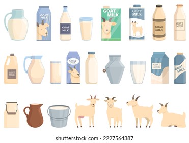 Goat milk icons set cartoon vector. Beverage box. Farm goat