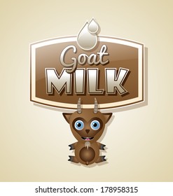 Goat milk label with cute animal character in retro style on pale background