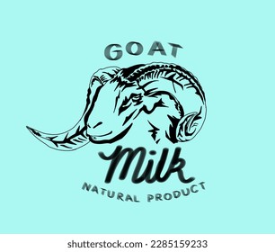 Goat milk logo, natural product, with goat's head, blue background