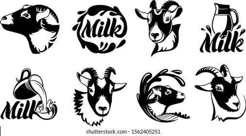 Goat milk logotype set. Face portrait isolated on white background. Black and white pet logo can be used for goats milk and cheese. 