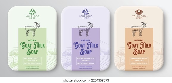 Etiqueta de jabón de leche de cabra diseño etiquetas de leche de cabra dibujadas a mano y patrones para barras de jabón hechas a mano, caja de jabón natural ilustración de vector monocasco