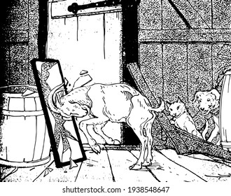 Goat and Mirror, this scene shows a goat breaking mirror with his horns, a cat and dog looking at goat, vintage line drawing or engraving illustration