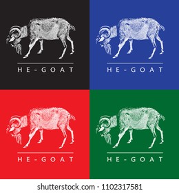 Goat - monochrome vector illustration in black, red, blue and green colors. Cute farm animal image in profile in engraving style. Portrait side view, graphic design element for logo or template.