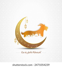 Goat, moon and mosque background for Eid al-Adha holiday. Arab islam muslim festival of sacrifice.