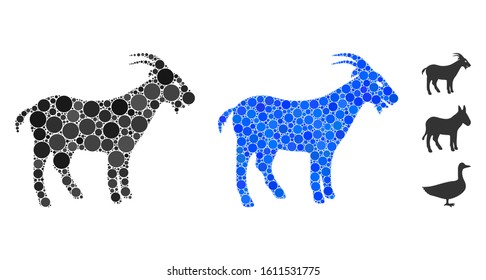 Goat mosaic of round dots in various sizes and color tints, based on goat icon. Vector round dots are united into blue composition. Dotted goat icon in usual and blue versions.