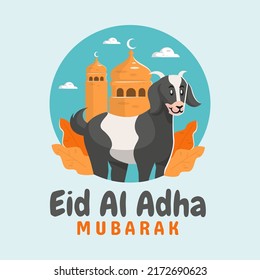 cabra y mezquita feliz concepto de Eid al Adha