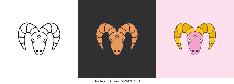 Goat mystic icon set. Black and colorful geometric vector logo template