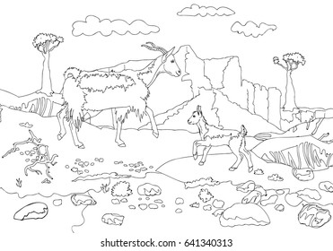 The goat and the goat on a background of mountains of Socotra island. Outline vector pages for adults coloring