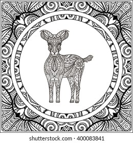 Goat on ethnic pattern background. Coloring book for adult and older children. Coloring page. Outline drawing. Vector illustration.