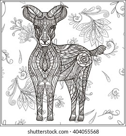 Goat on floral background. Coloring book for adult and older children. Coloring page. Outline drawing. Vector illustration.