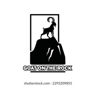 GOAT ON ROCK LOGO, silhouette of great ram standing at rock vector illustrations