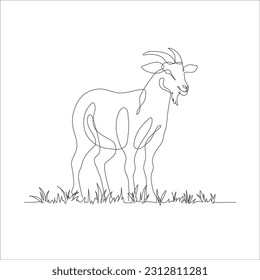 Goat one line continuous drawing. Goat in the grass line art icon. Goat with grass linear icon. Farm animal line art icon illustration. Minimalist linear vector illustration. Vector illustration