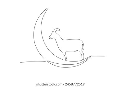 Cabra sobre la luna. Dibujo de una línea del concepto de Eid al adha