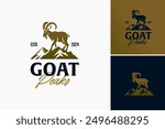 Goat Peaks Logo: A dynamic emblem featuring mountain peaks shaped like goat horns, symbolizing strength and adventure. Ideal for outdoor brands, adventure sports. Layered EPS Vector