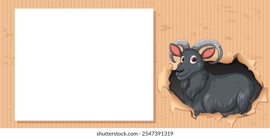 A goat peeks through a torn paper hole