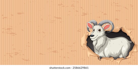 A goat peeks through a torn paper hole