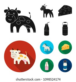 Goat, a piece of cheese and other products. Milk set collection icons in black, flat style vector symbol stock illustration web.