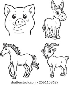 Goat, Pig, Horse, Donkey line art on white backgroun 