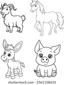 Goat, Pig, Horse, Donkey line art on white backgroun 