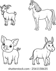 Goat, Pig, Horse, Donkey line art on white backgroun 