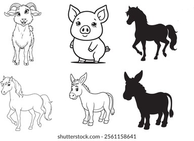 Goat, Pig, Horse, Donkey line art on white backgroun 