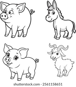 Goat, Pig, Horse, Donkey line art on white backgroun 