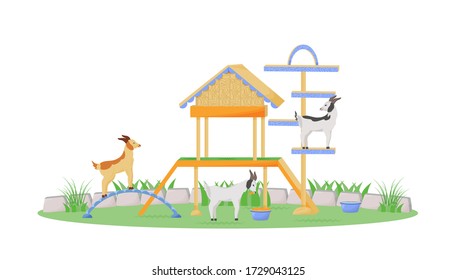 Goat in playhouse flat color vector character. Animals play in zoo garden. Backyard pet furniture. Domestic animal on playground isolated cartoon illustration for web graphic design and animation