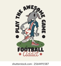 goat playing football retro cartoon mascot