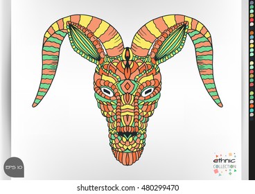 Goat portrait . Animal patterns with hand-drawn doodle waves and lines. Vector illustration in bright colors.