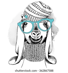 Goat portrait in a glasses with knitted hat and scarf. Vector illustration.