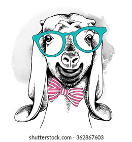 Goat portrait in a glasses with tie. Vector illustration.