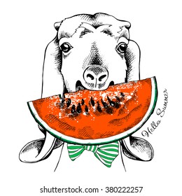 Goat portrait with a watermelon. Vector illustration.