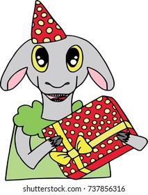 Goat with present box. Funny animals, cartoon characters, isolated on white. Flat style