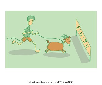 Goat race, Boy, man racing with his goat to the finish line
