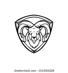 Goat or Ram mascot logo in black and white colors.goat sports logo. Goat with shield tattoo design