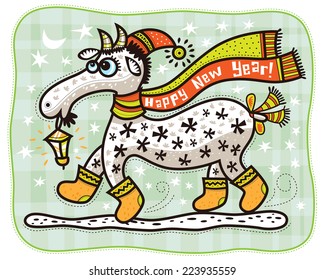 Goat in the red cap, scarf and boots carries a flashlight in his mouth. Fluttering scarf on written Happy New Year!