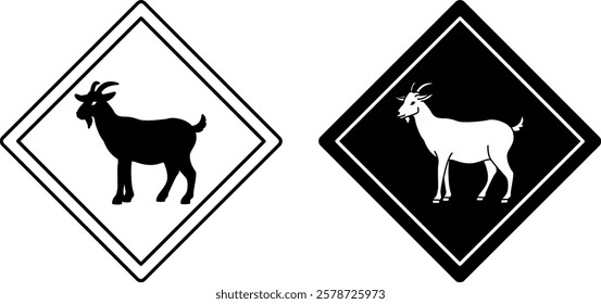 Goat Road Signs. Black and White Vector Icons. Farm, Agriculture. Road Sign Warning Animals Crossing Road. Zoo Sticker